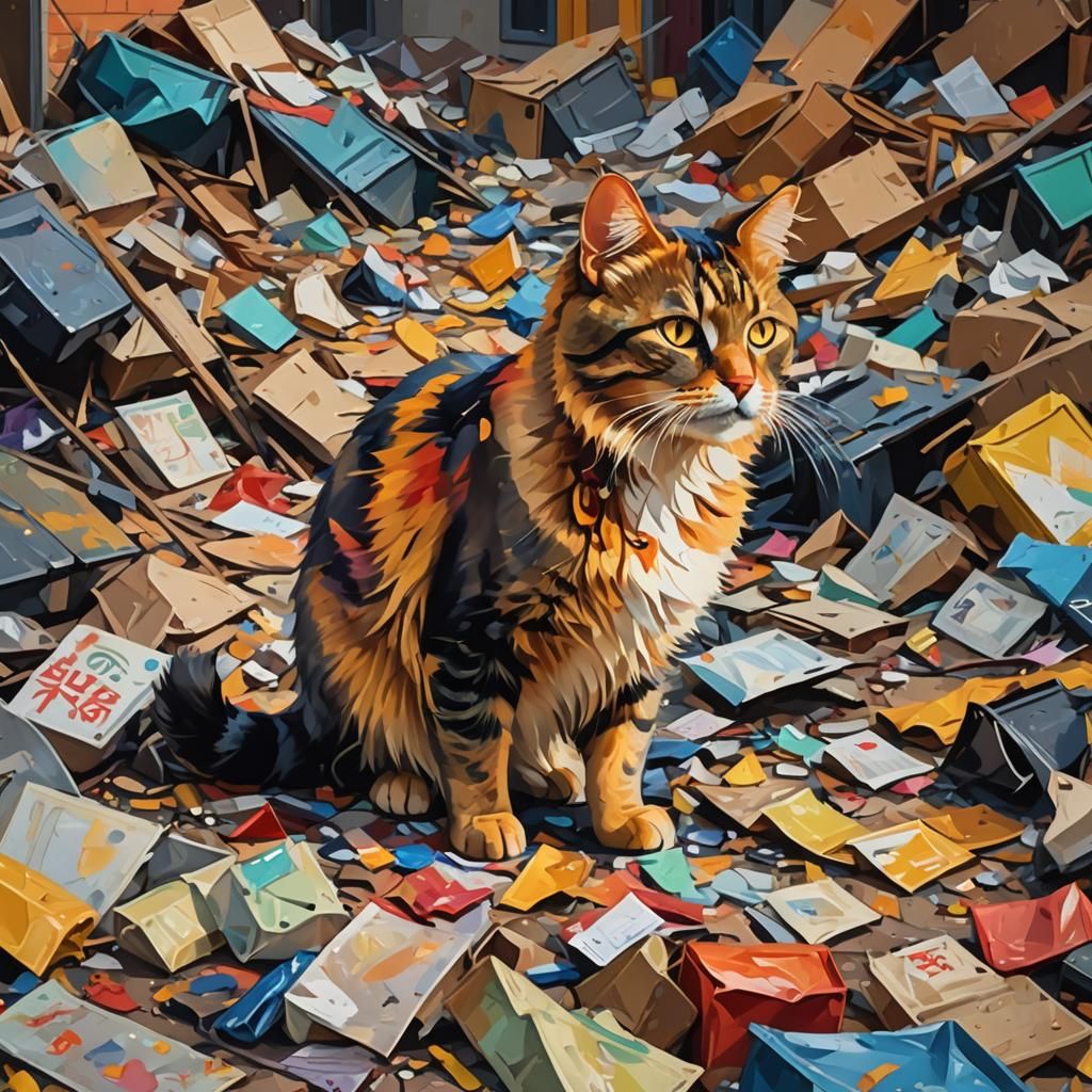 Fauvist Cat in Trash with Bold Brushstrokes