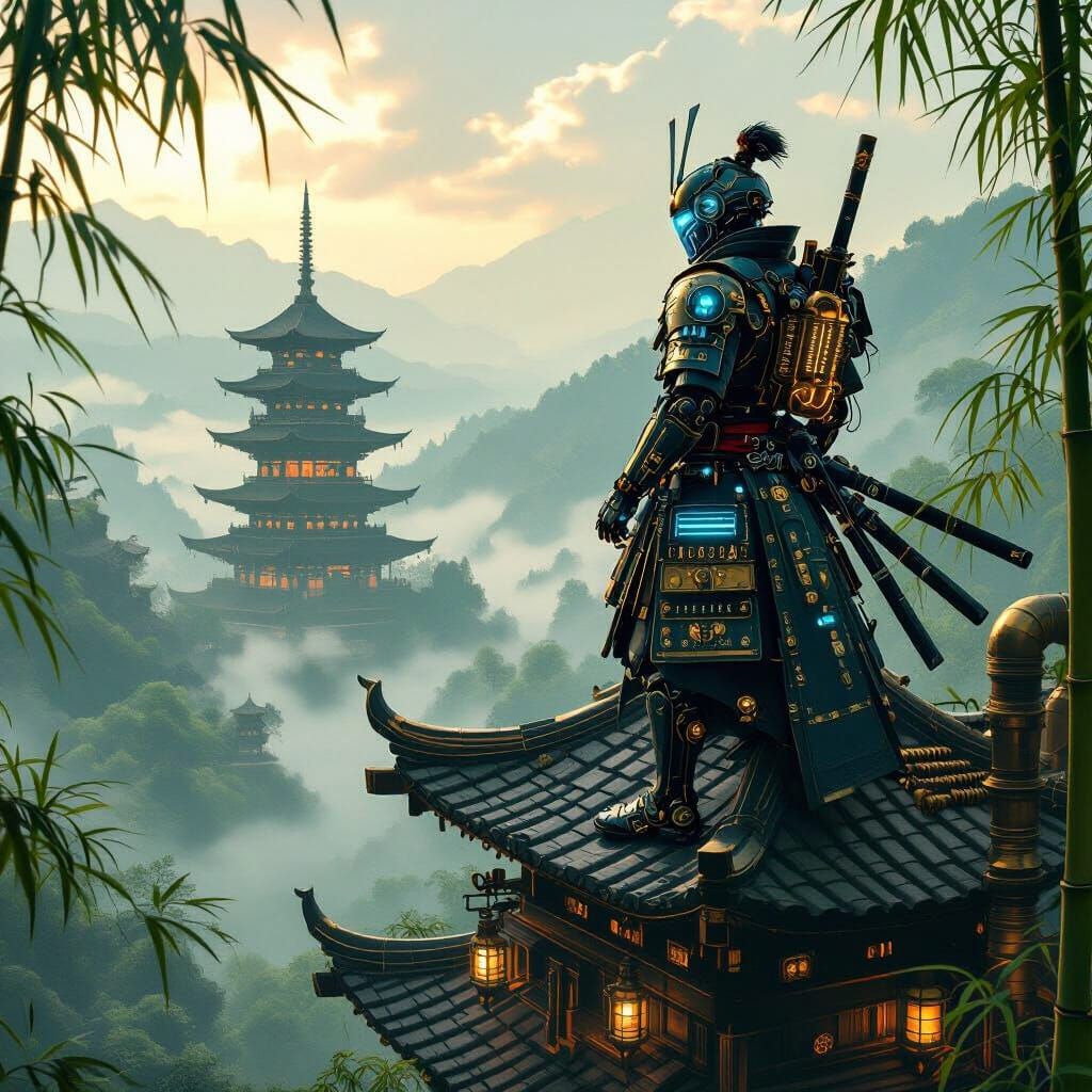Cyborg Samurai Overlooks Steampunk Pagoda