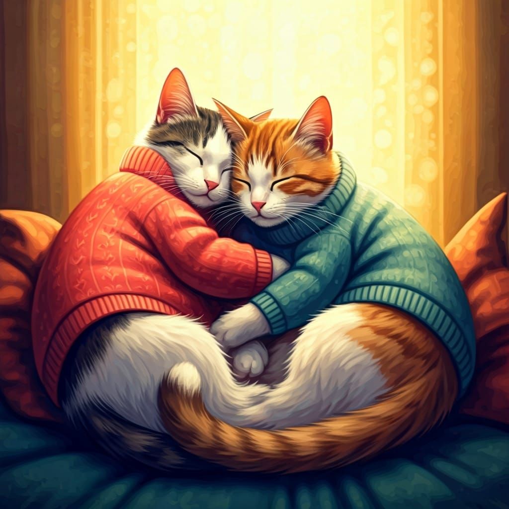 Cats Snuggled in Sweaters: Whimsical Watercolor Illustration