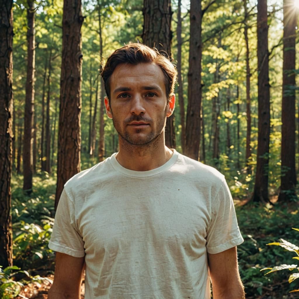 Man in Forest: Cinematic Film Still