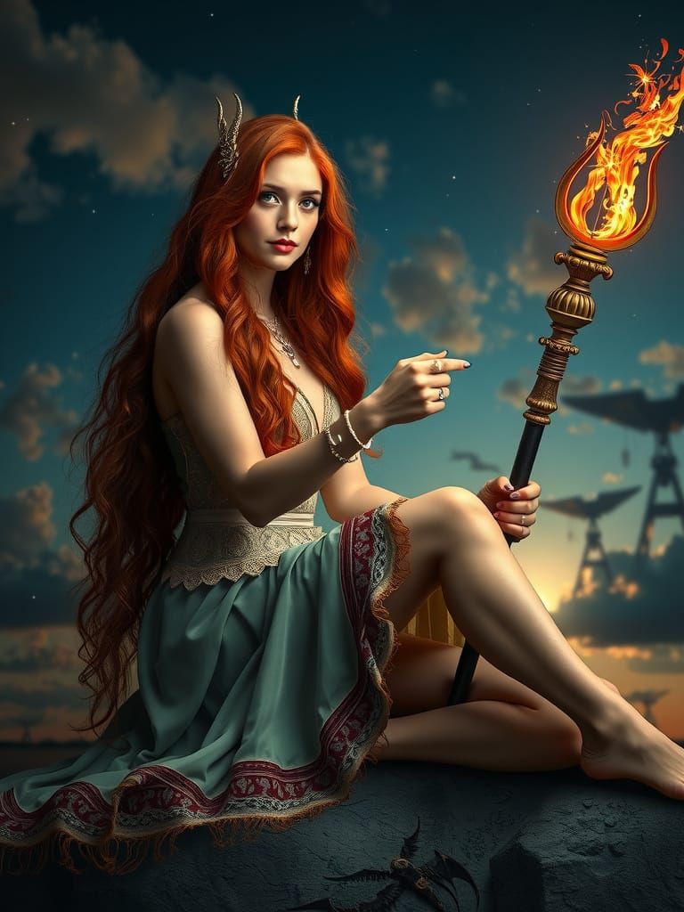 Red-Haired Sorceress with Magical Staff in Art Nouveau Style