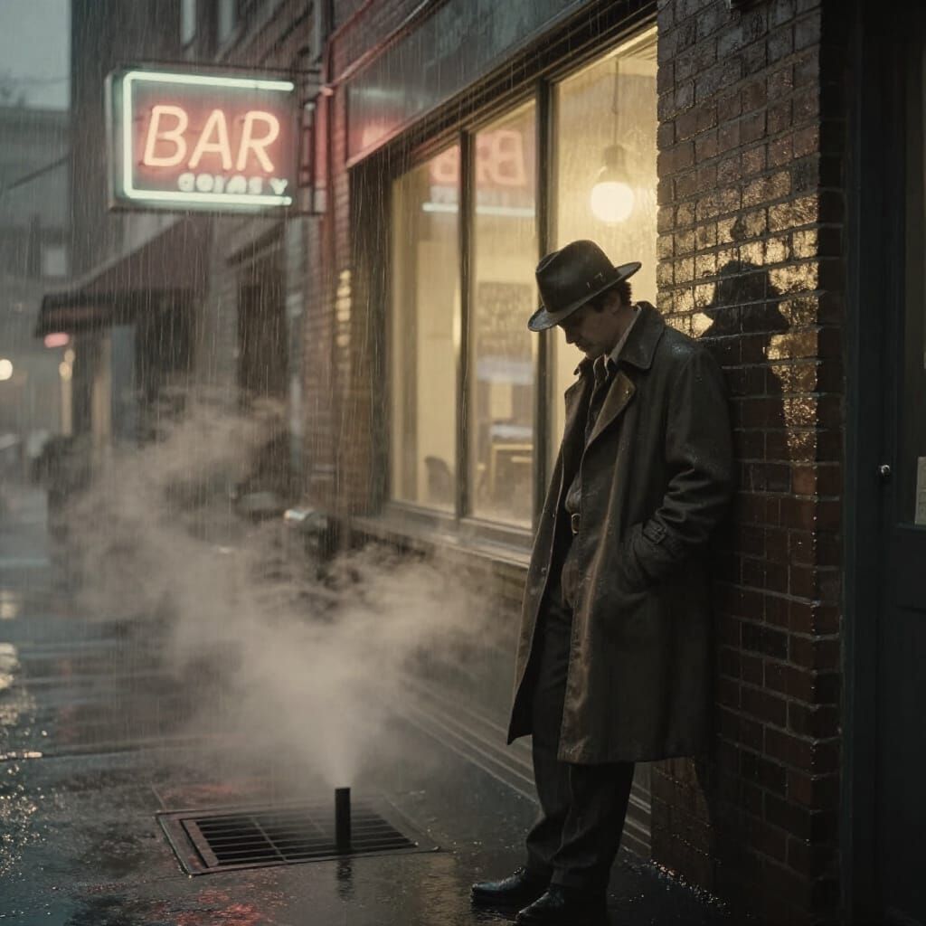 Film Noir Street Scene with Man in Rain