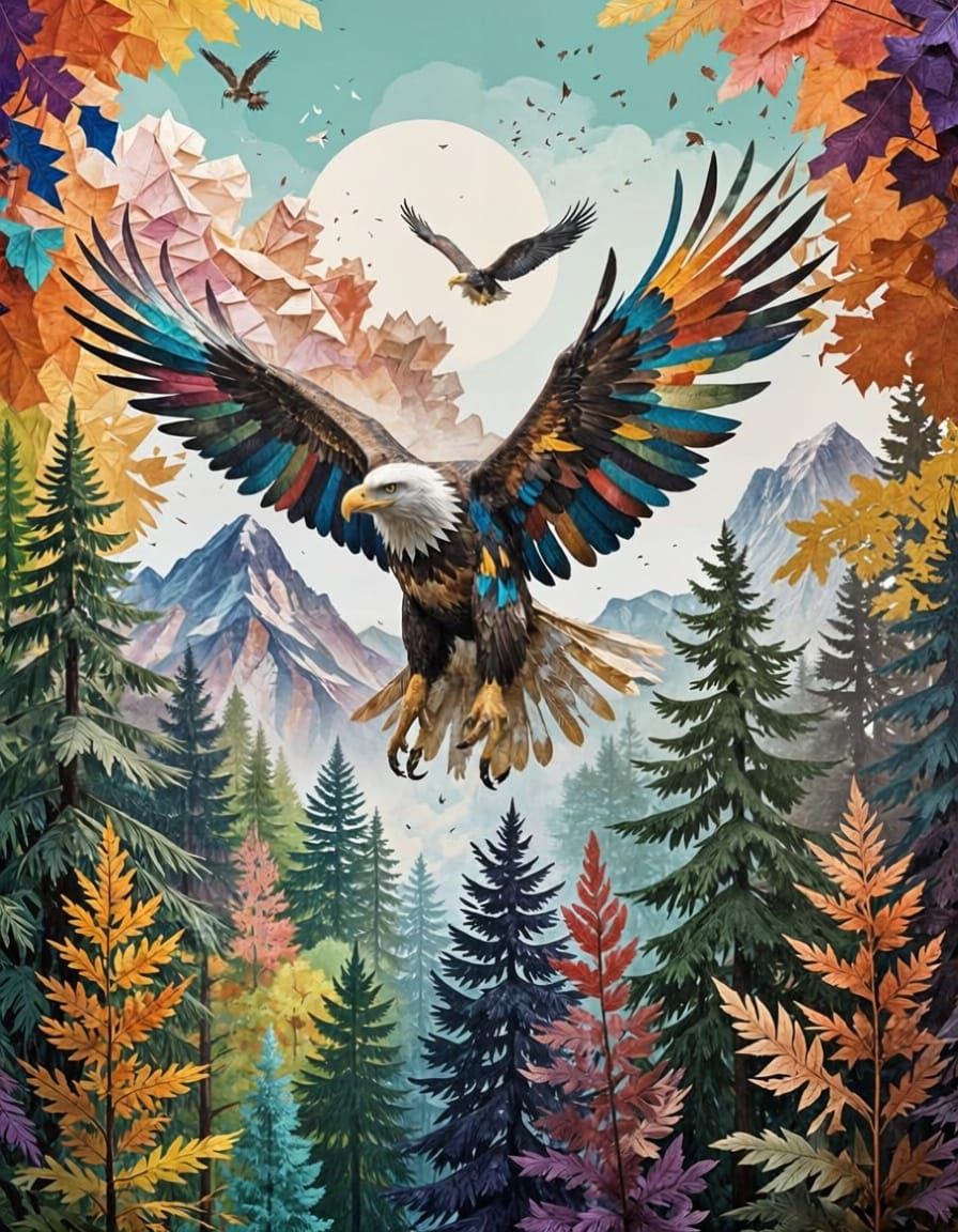Mother Eagle Soars Over Forest Feeding Chicks, Collage Art