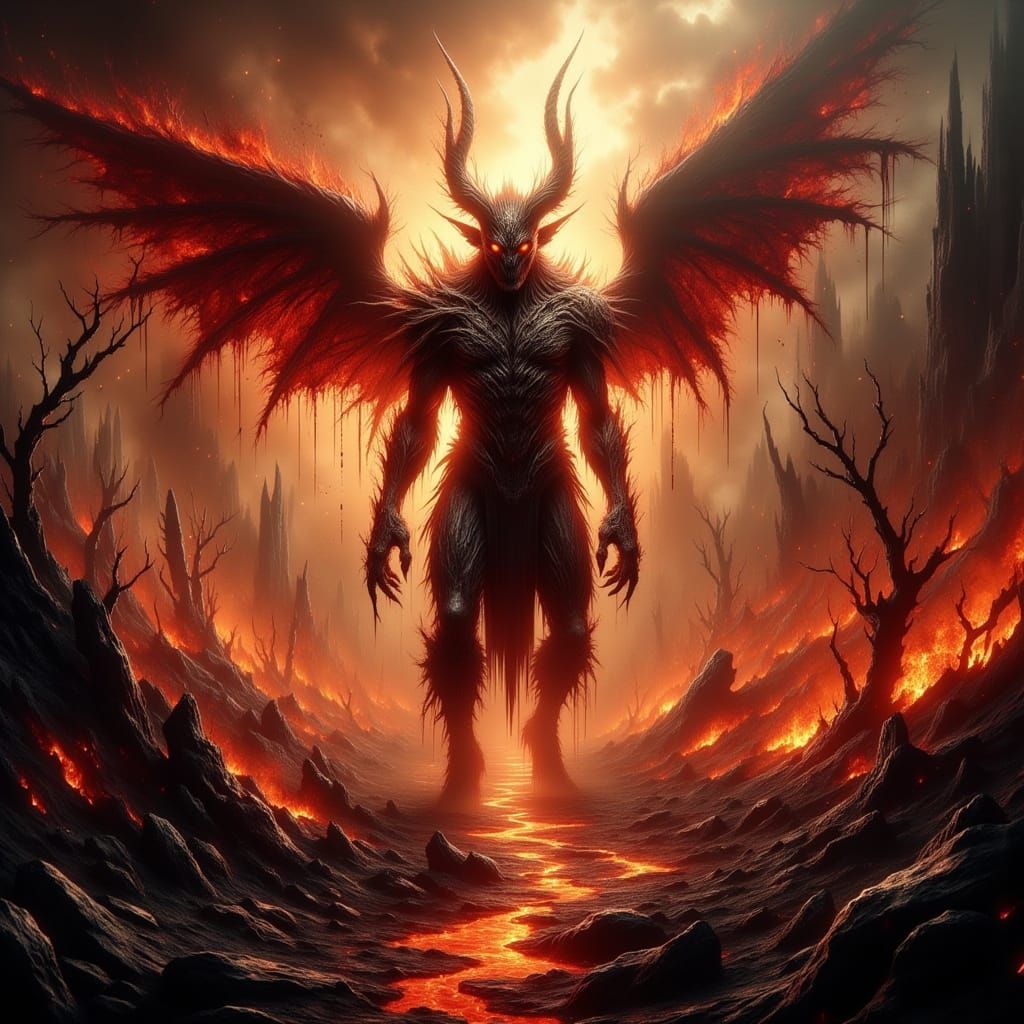 Wrathful Demon in Infernal Landscape: Cinematic Still