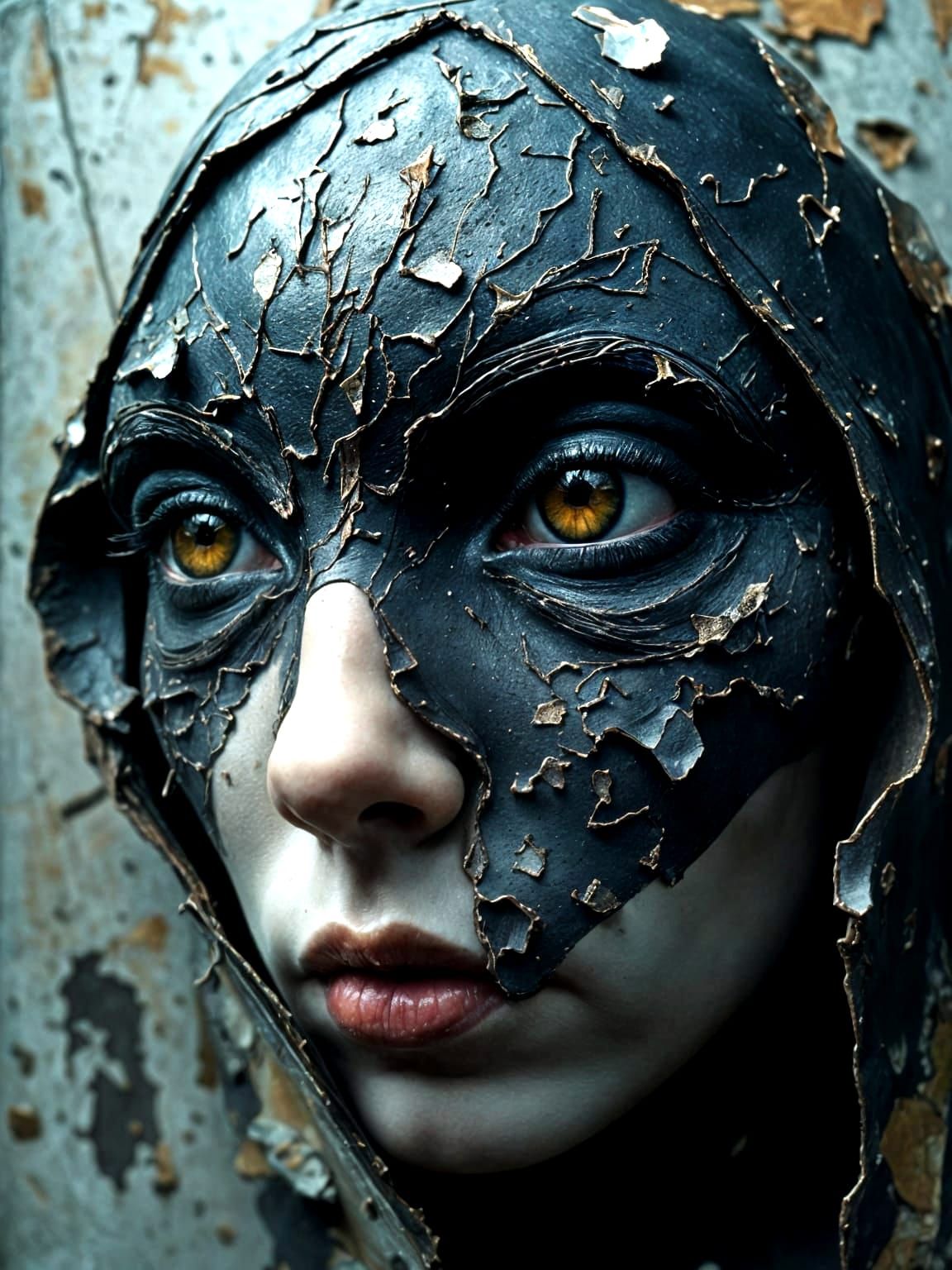 Surreal Artificial Crow with Cracked Face