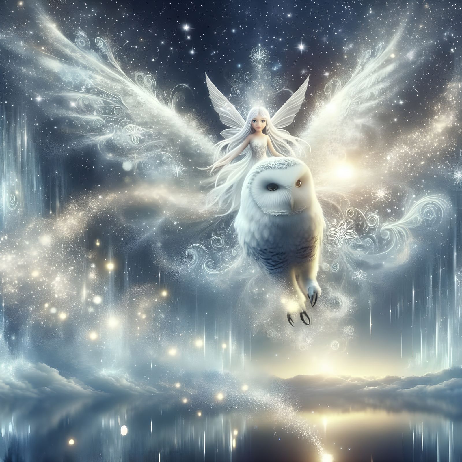 Enchanted Fairy Rides Majestic Owl Through Winter Sky