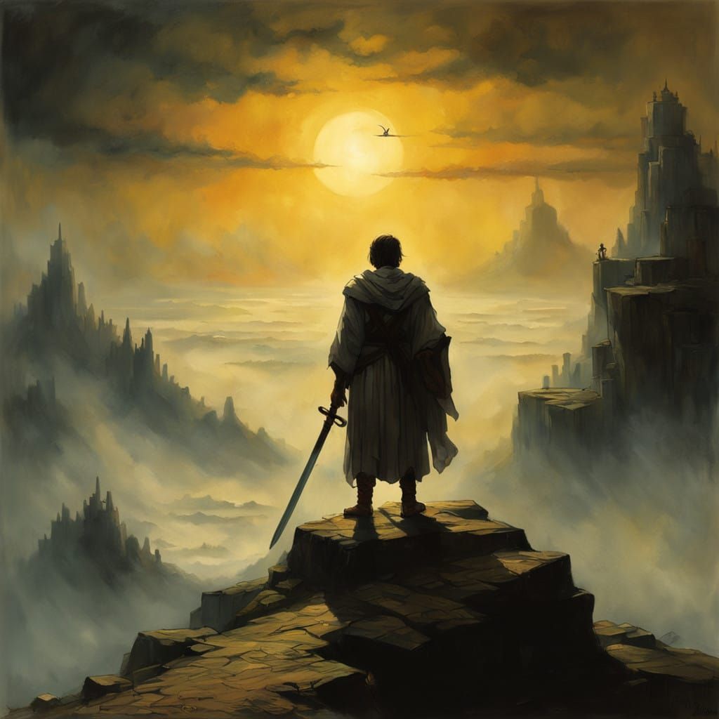 Heroic Young Warrior in Majestic Mountain Landscape