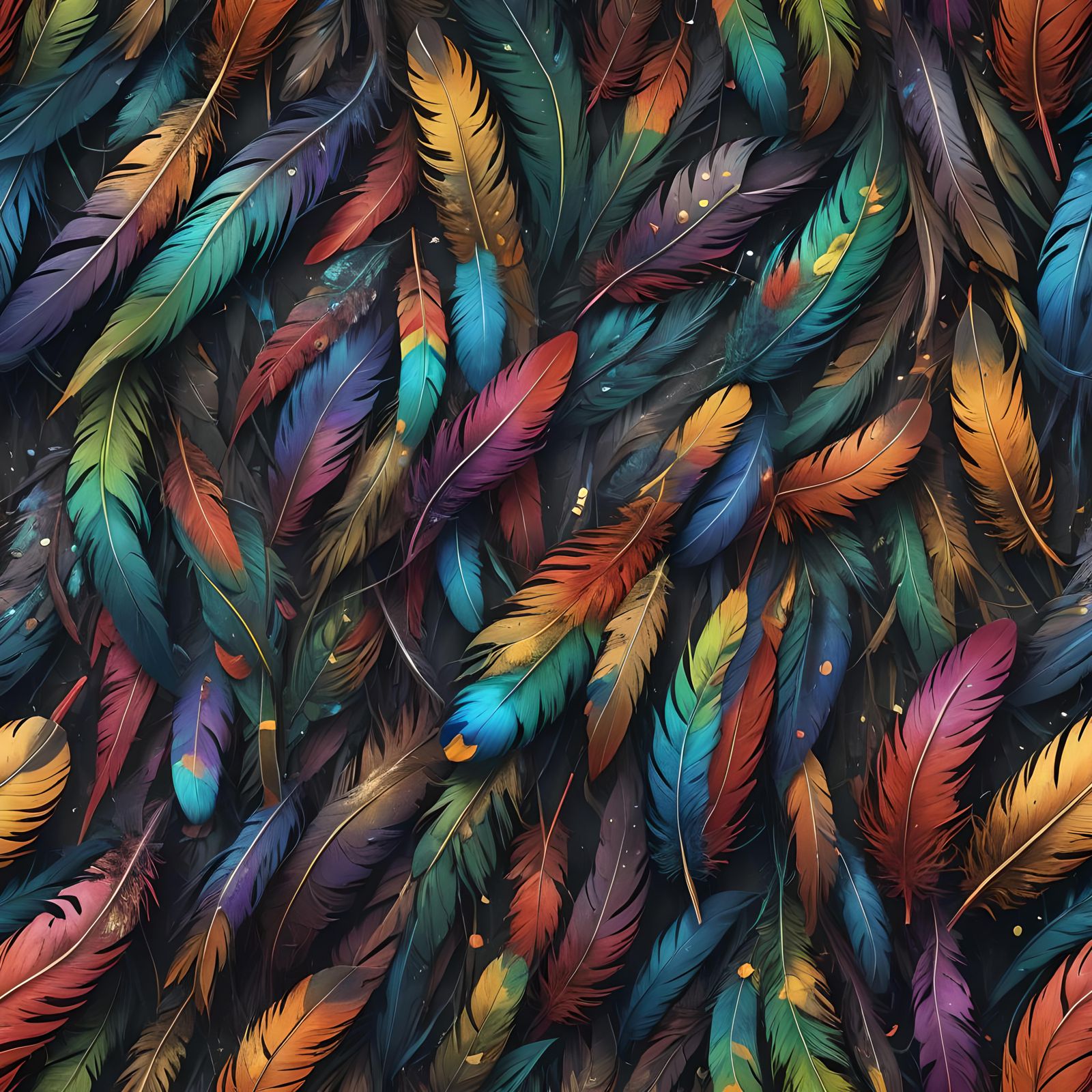 Rainbow Bohemian Feathers in Detailed Matte Painting