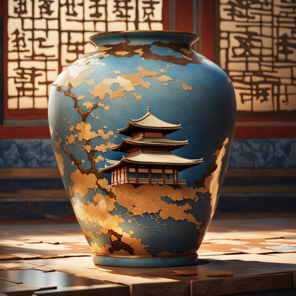 Kintsugi Vase in Japanese Temple: Hyperrealistic Splash Art