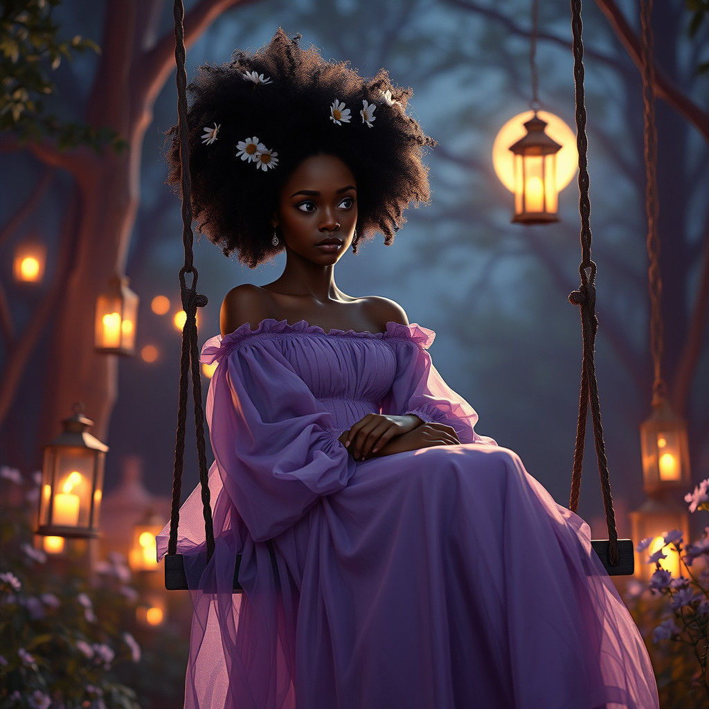 Black Princess in Midnight Garden, Dreamlike Cinematic Portr...