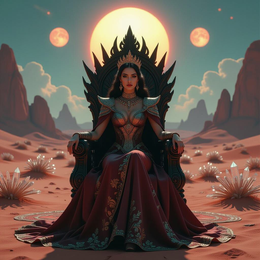Regal Lady on Obsidian Throne Amidst Alien Desert