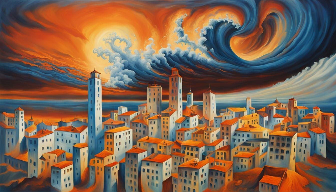 Surreal Tsunami Destroys Town: Melting Oil Painting