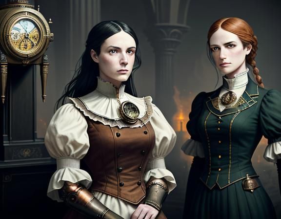 Steampunk Twins in Time Machine: Dark Fantasy Art