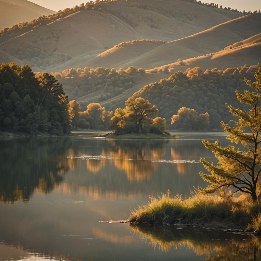 Serene Lake Sunset Landscape with Subtle Cross