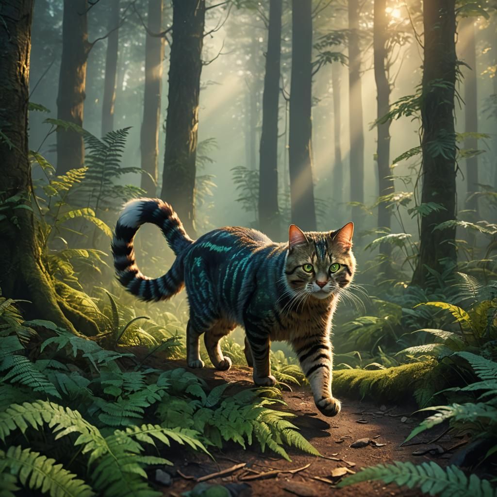 Cat Runs Through Misty Forest: Fantasy Concept Art