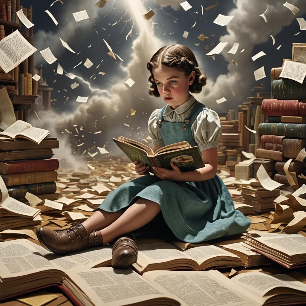 Girl Reading 'Wizard of Oz' with Tornado