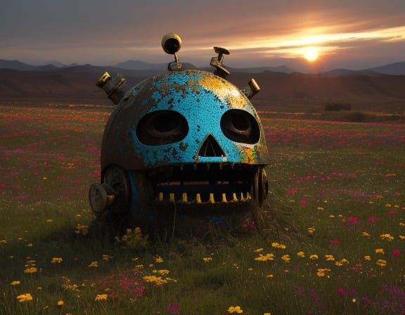 Unsettling Junk Metal Idol in Vibrant Meadow