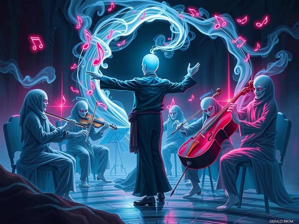 Ethereal Conductor in Cyberpunk Retrofuturism