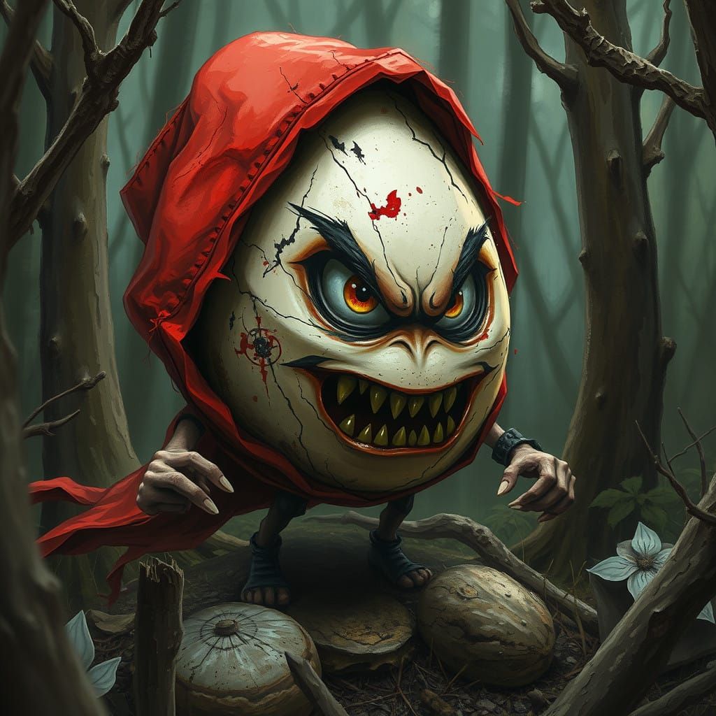Angry Egg as Little Red Riding Hood in Raw Grunge Forest Sty...