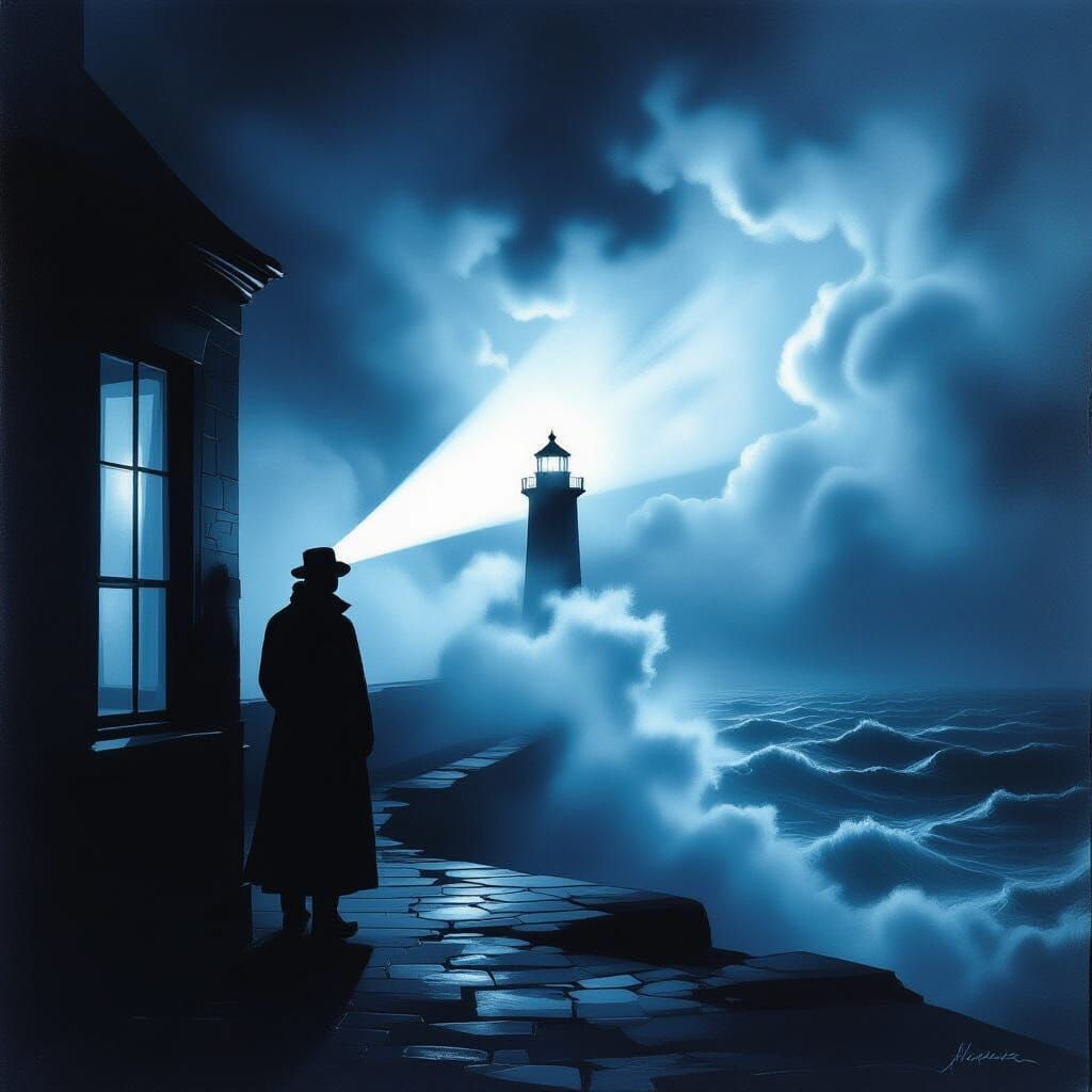 Lighthouse Keeper in Stormy Fog, Dramatic Chiaroscuro Style