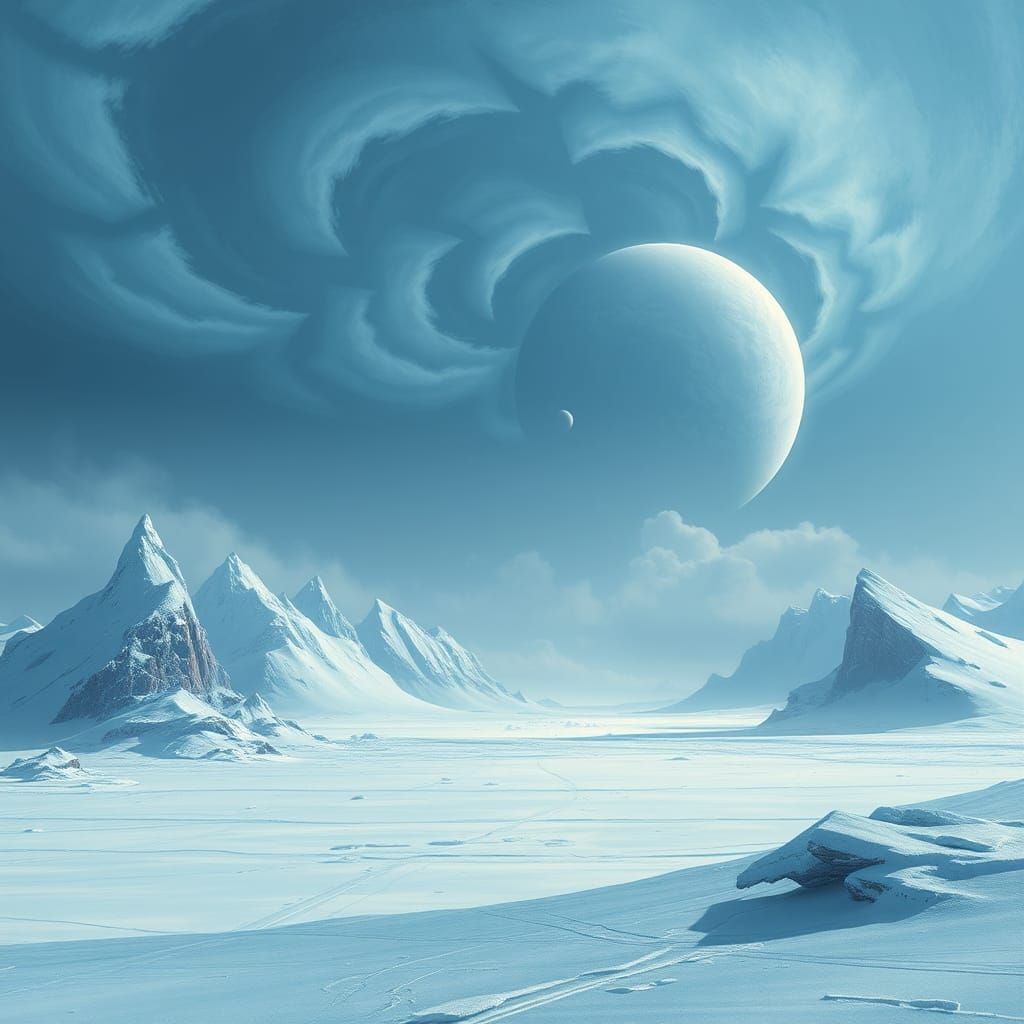 Icy Blue Frozen Planet with Swirling Storms