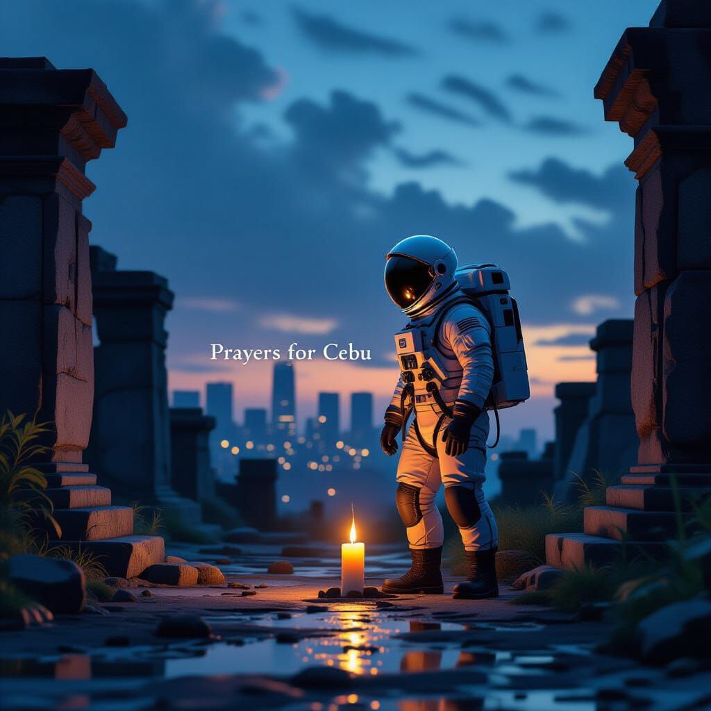 Astronaut Explores Ruins Under Twilight Sky