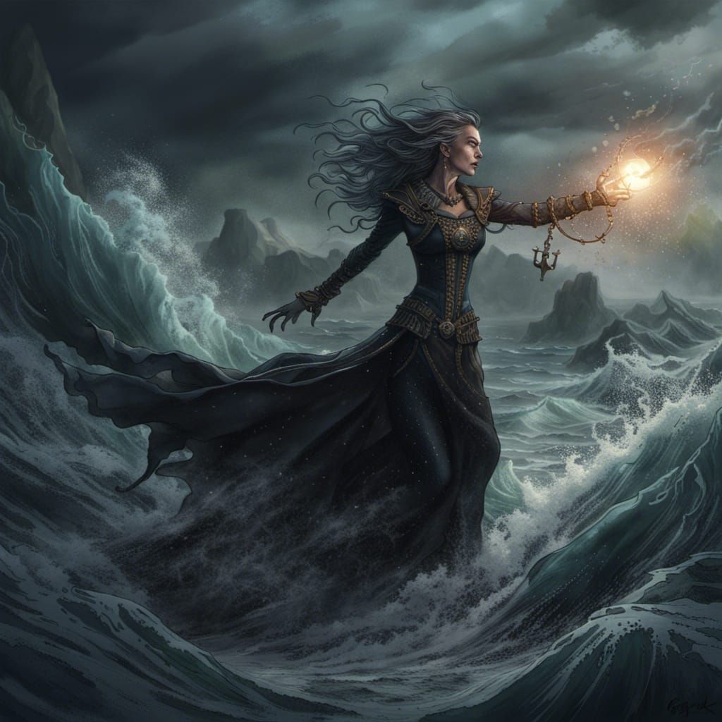 Gothic Sea Witch Rising from Stormy Ocean
