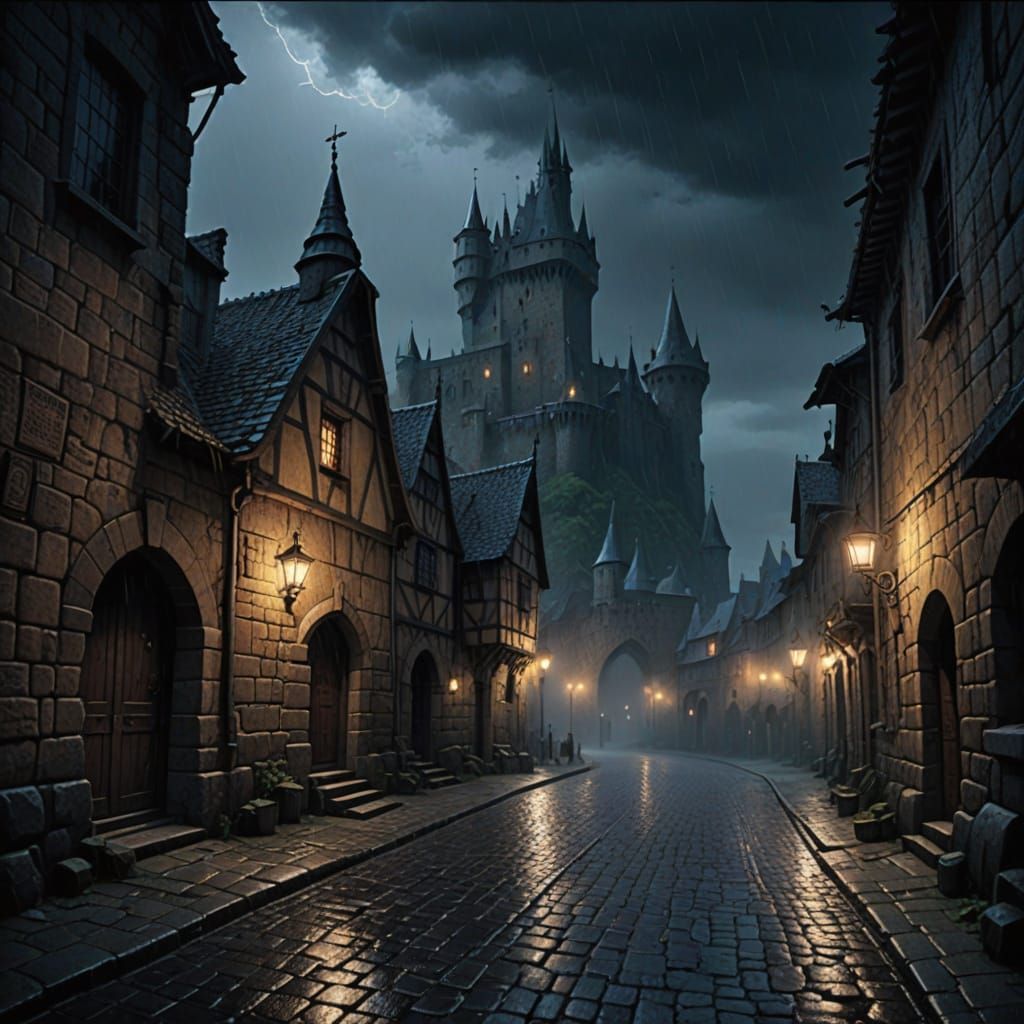 Medieval Castle Village at Night Under Stormy Skies