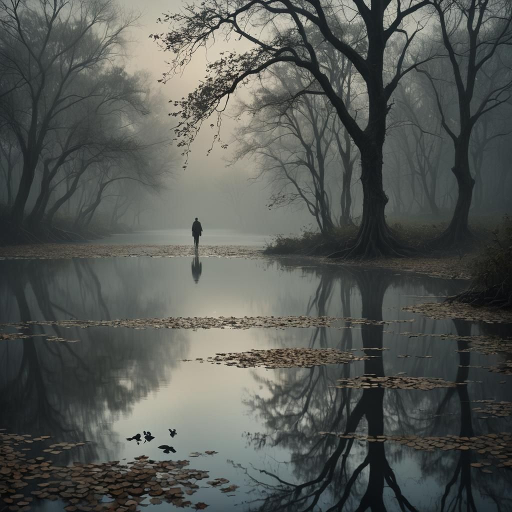 Eerie Figure on Watery Path in Dark Surrealism