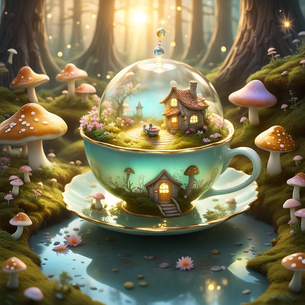 Enchanted Teacup World with Dancing Fairy, Matte Painting