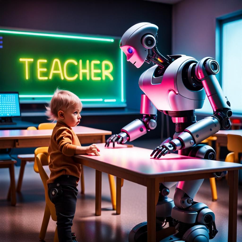 Robot Teacher in Cyberpunk Classroom