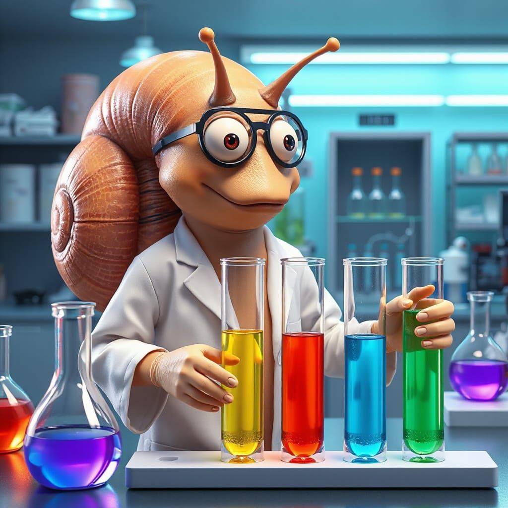 Snail Scientist Conducting Lab Experiment, CGI Animation