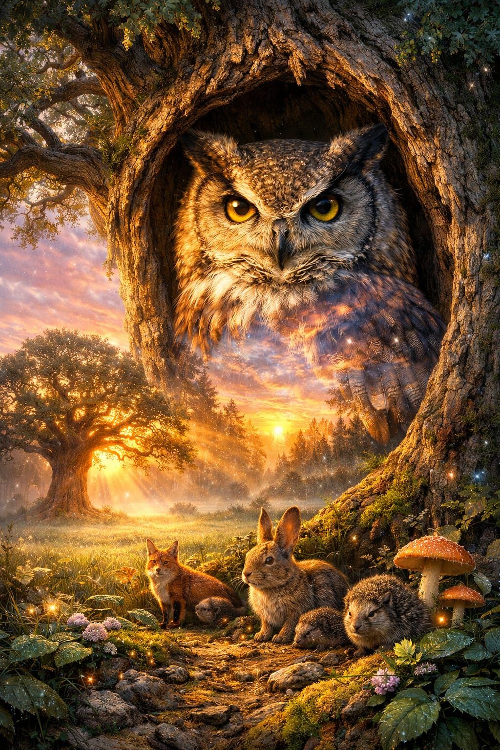 Wise Owl at Dawn in Surreal Forest Painting