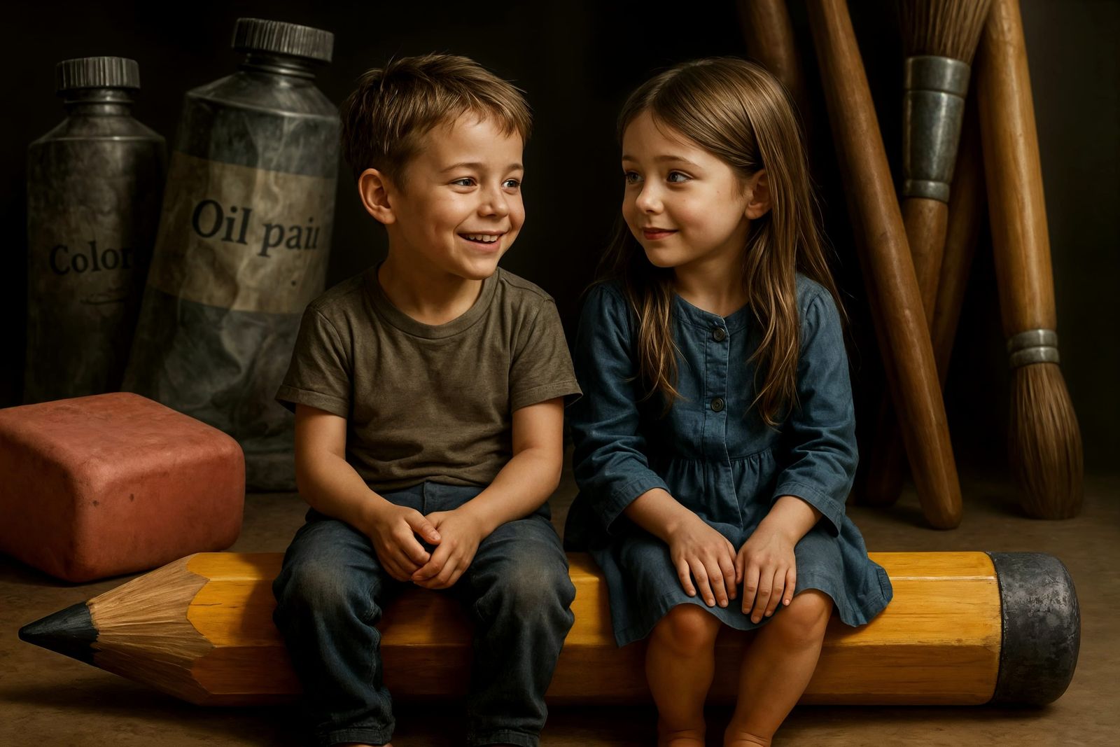 Children on Giant Pencil, Photorealistic Digital Art