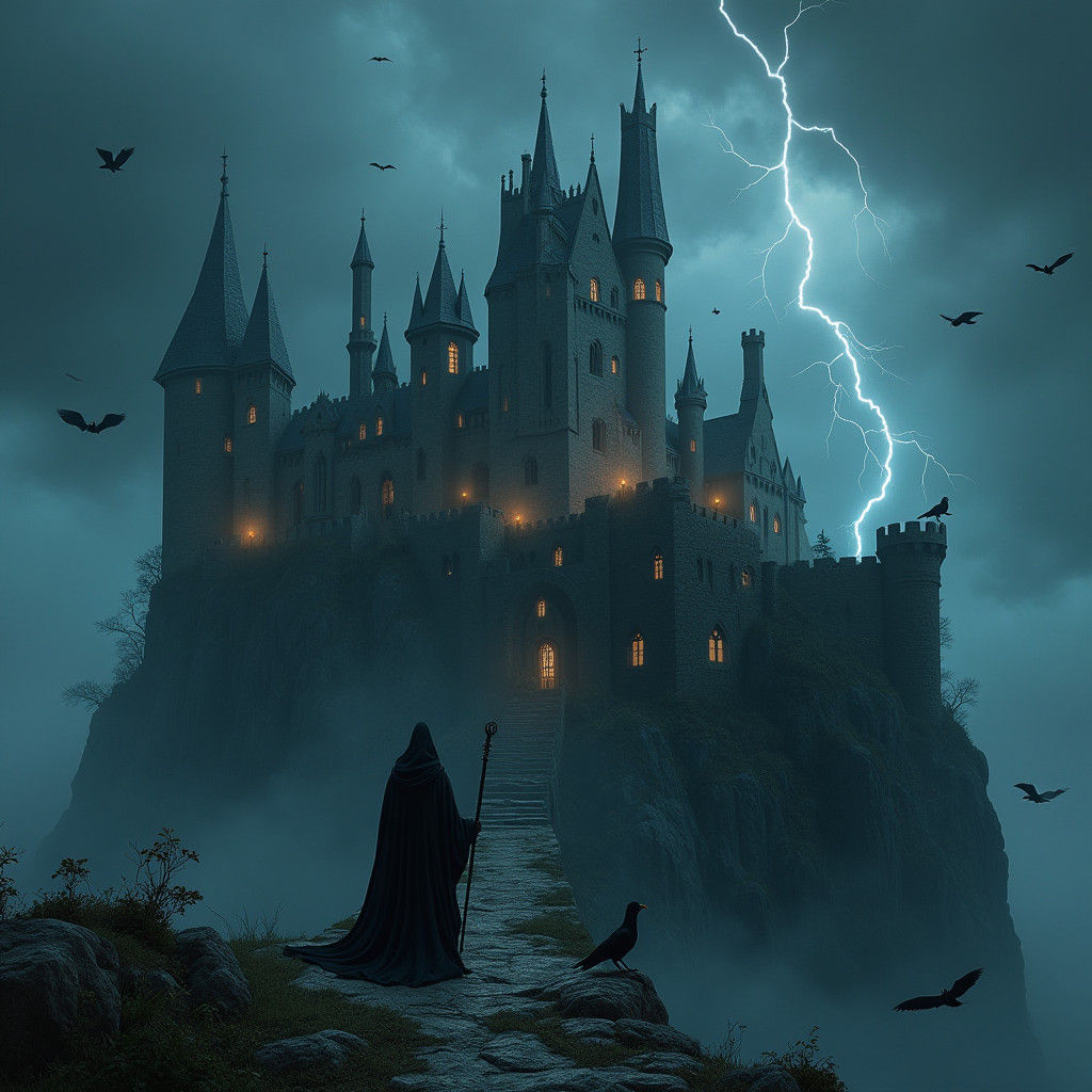 Haunted Medieval Castle at Stormy Night in Gothic Style