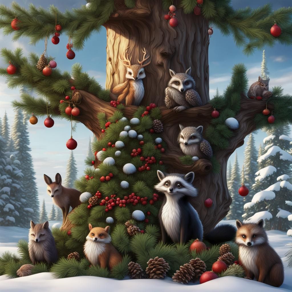 Woodland Creatures Decorating a Winter Tree
