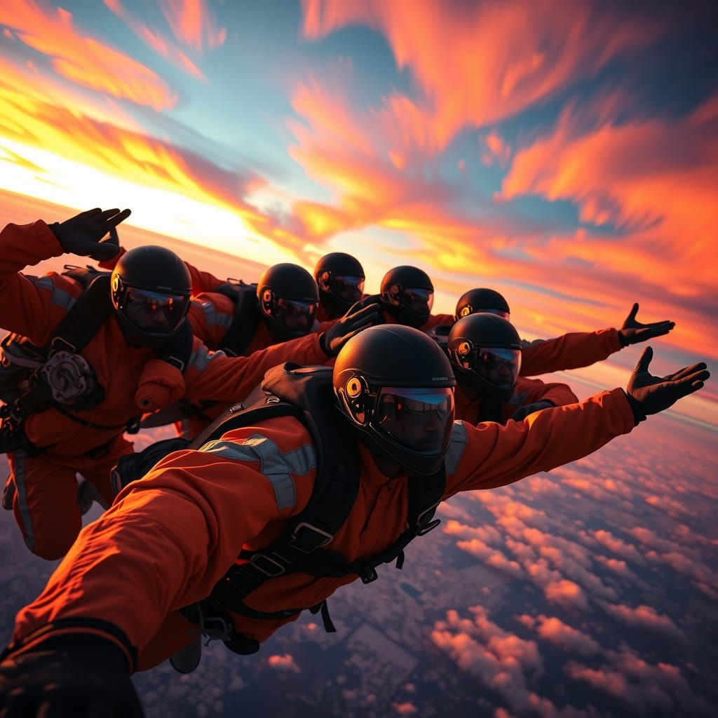 Skydivers Form Halo Against Fiery Sky