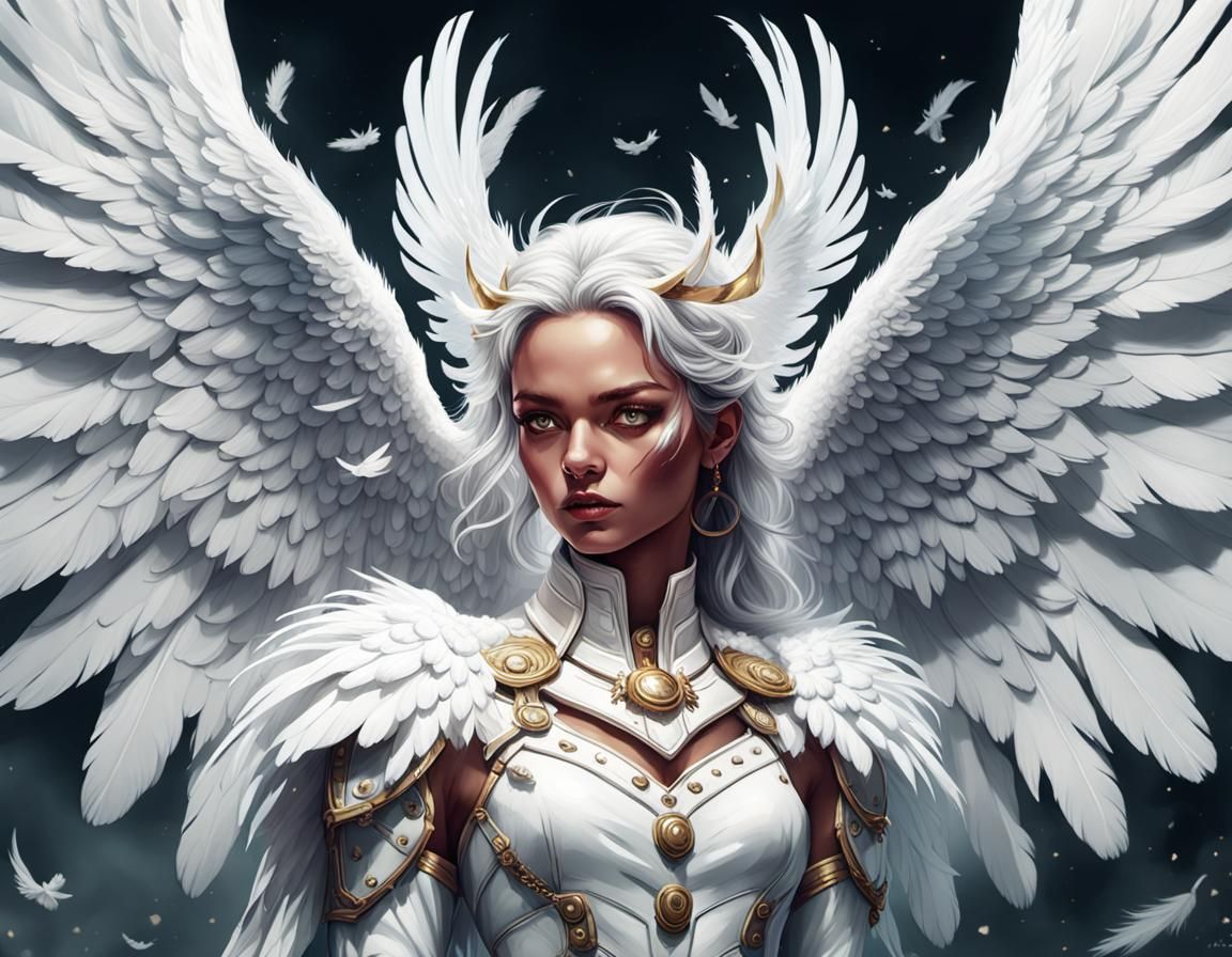 Flirty Valkyrie with White Wings: Digital Art