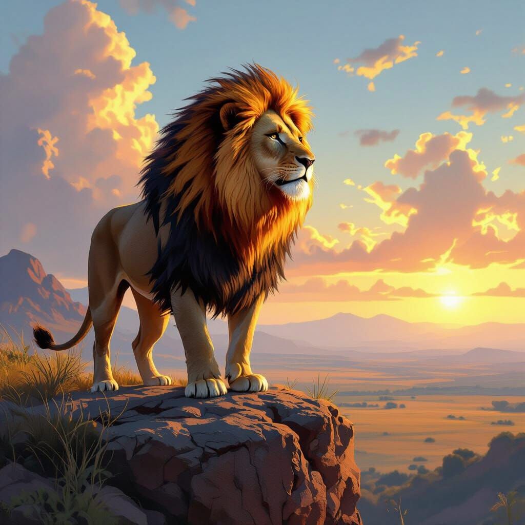 Lion with Fiery Mane in Digital Painting Style