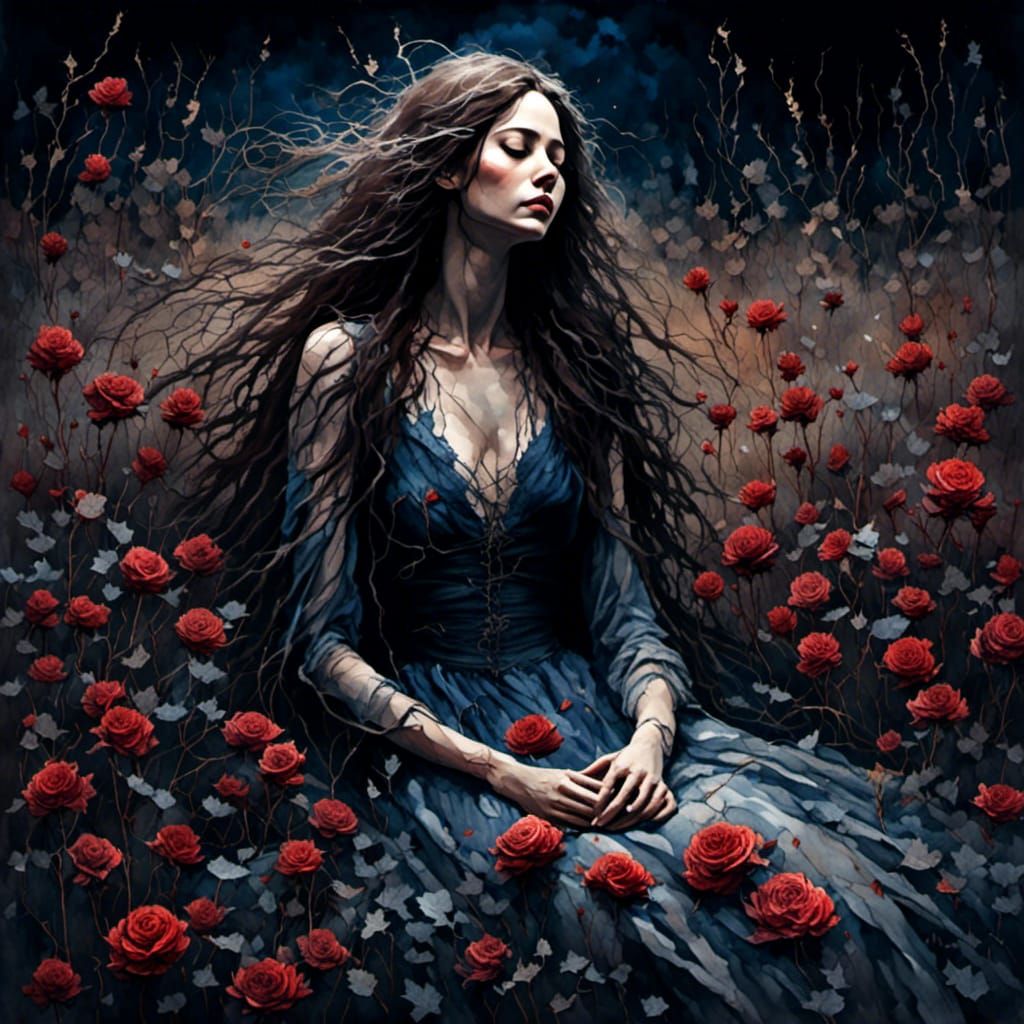 Woman in Dead Flower Field: Watercolor Art