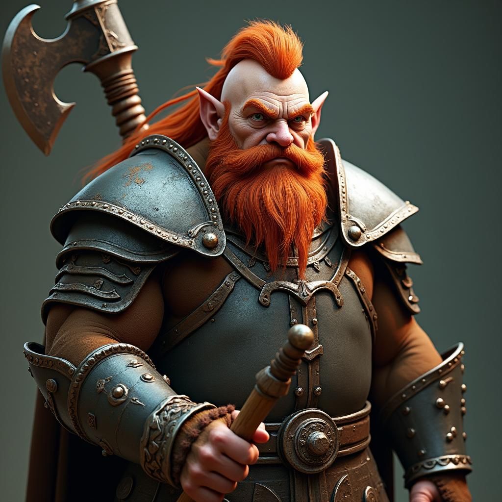 Dwarven Warrior in Detailed Armor with Battleaxe