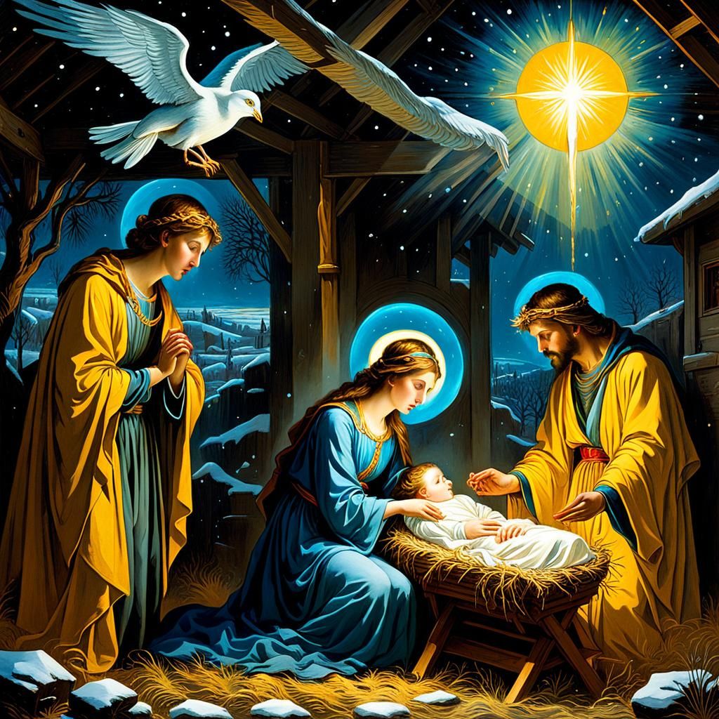 Surreal Winter Nativity Scene in Dreamy Watercolor Style