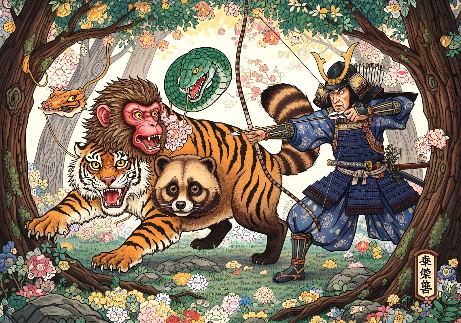 Mythical Nue Creature Attacked by Samurai in Forest