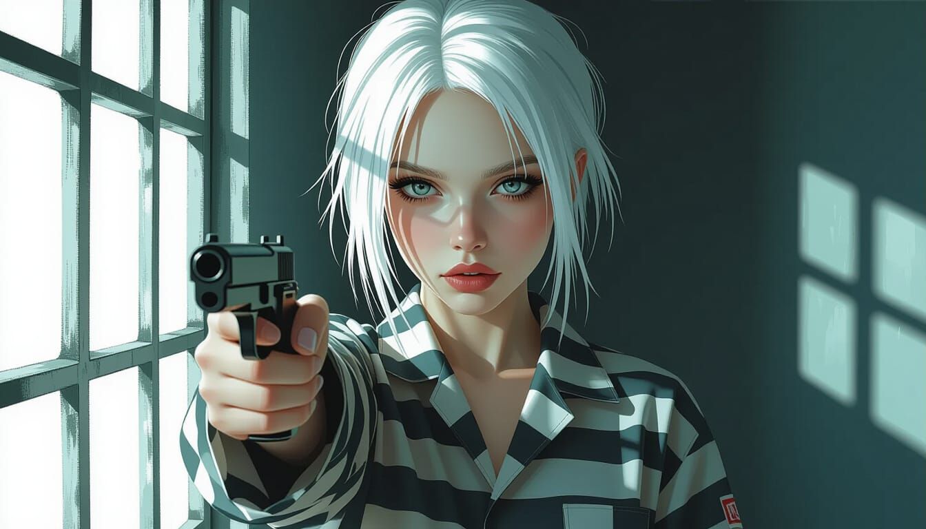 Albino Woman in Prison Suit: Stylized Digital Illustration