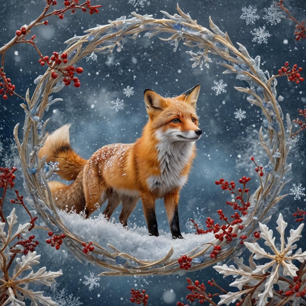 Golden Red Christmas Fox in Winter Wonderland