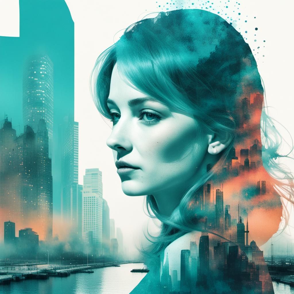 Surreal Halftone City Portrait with Watercolor Effects