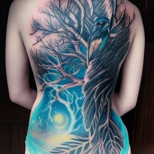 Tree Tattoo with Blue Birds on Woman's Back