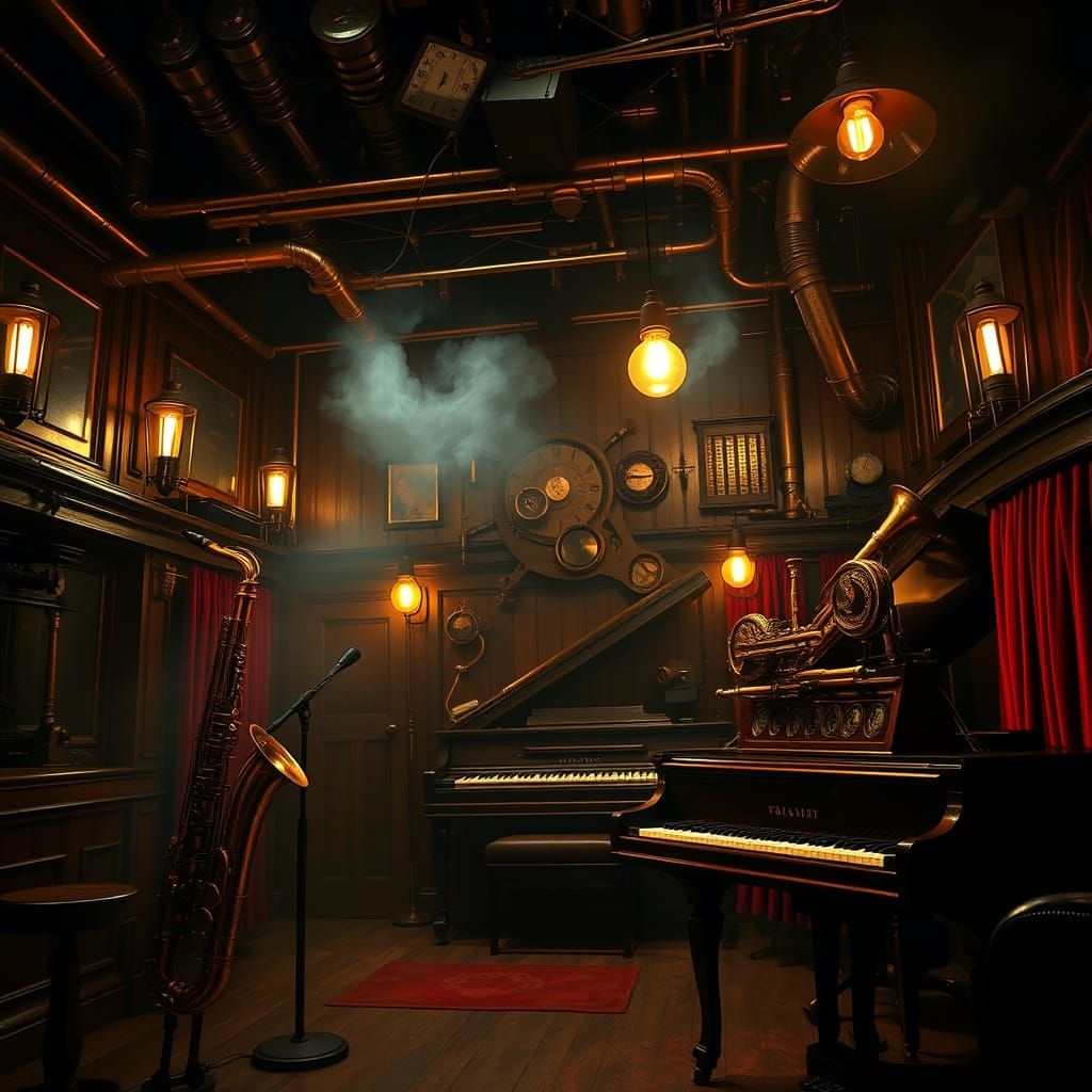 Steampunk Jazz Club in Warm, Golden Glow