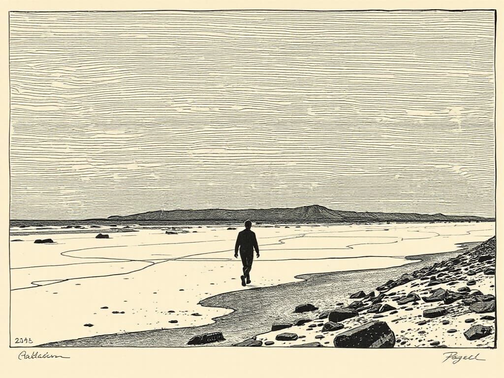 Lonely Walker on Wadden Sea Beach Woodcut Art