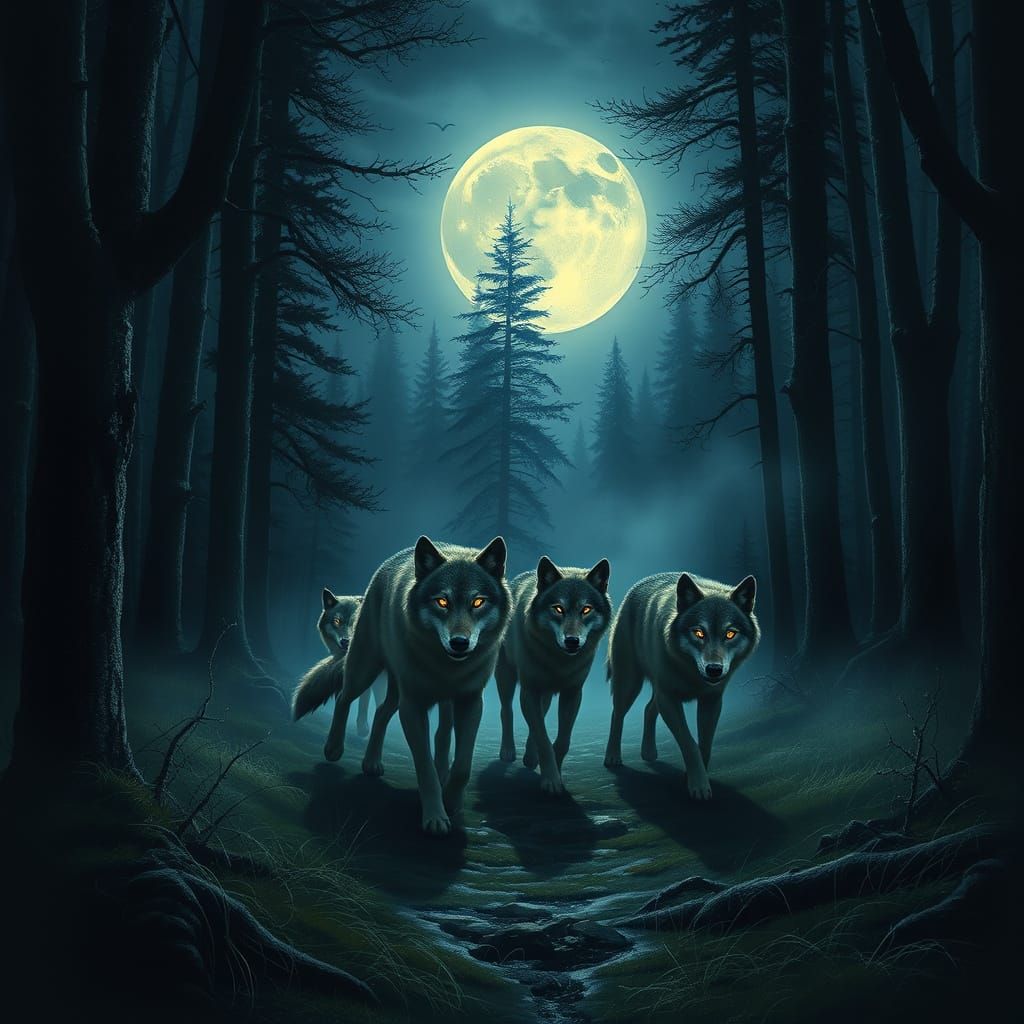Wolves Roaming in Moonlit Forest, in Romanticism Style